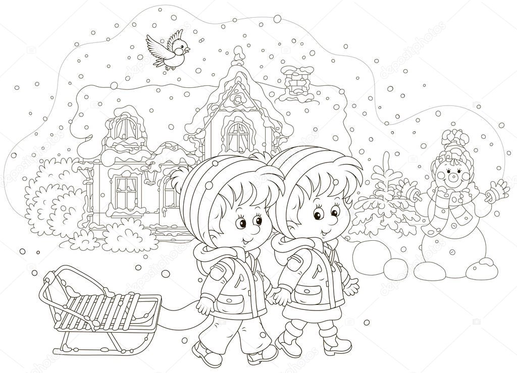 Smiling little girl and a boy walking with a small sled against a snow-covered house and a funny snowman, black and white vector illustration in a cartoon style for a coloring book