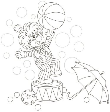 Funny circus clown playing a big ball and an umbrella, black and white vector illustration in a cartoon style for a coloring book clipart