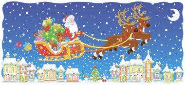 Sihirli reindeers Noel Baba hediye onun atlı kızak içinde onun büyük çanta ile karla kaplı bir şehirde Noel arifesinde, vektör çizim karikatür tarzı baskı bir bardak almak için uçan
