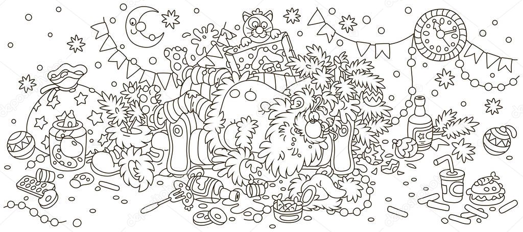 Santa Claus after the New Year feast is slightly drunk and asleep on his couch in a scary mess, black and white outlined vector illustration in a cartoon style to print on a cup