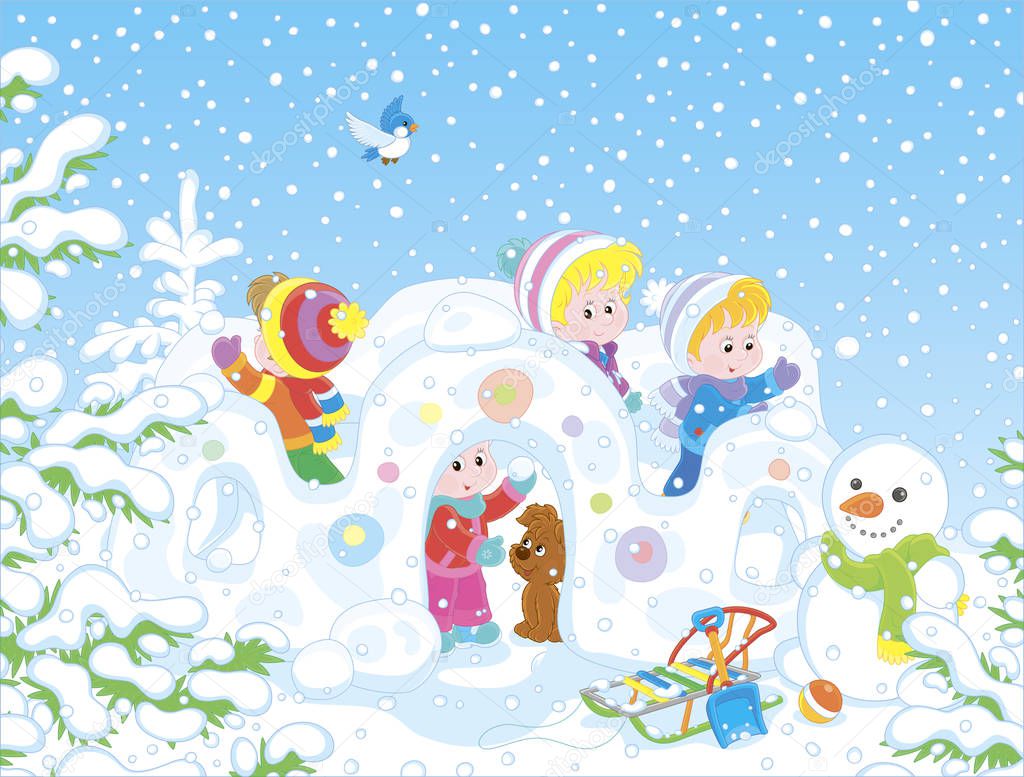 Small children playing in their toy snow fortress on a playground in a winter snow-covered park, vector illustration in a cartoon style