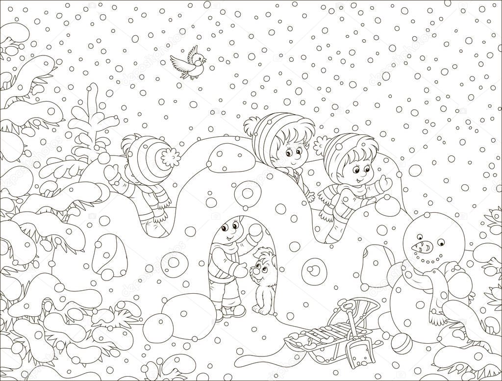 Small children playing in their toy snow fortress on a playground in a winter snow-covered park, black and white vector illustration in a cartoon style for a coloring book