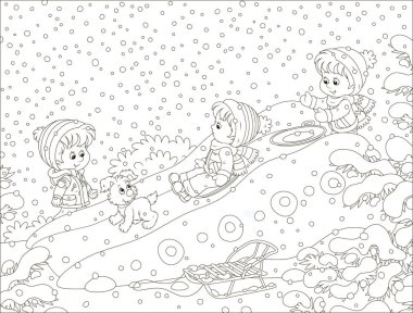 Children playing on an ice slide on a snow-covered playground in a winter park, black and white vector illustration in a cartoon style for a coloring book clipart