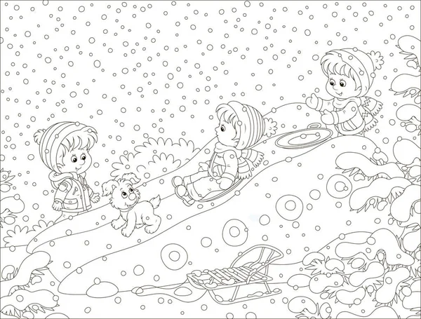 Niños Jugando Tobogán Hielo Parque Cubierto Nieve Parque Invierno Ilustración — Vector de stock