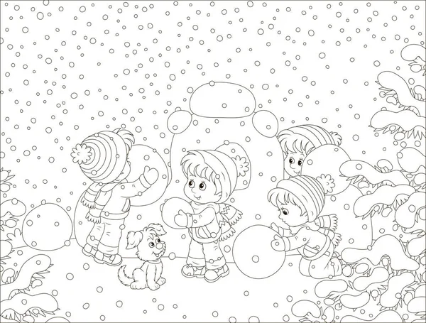 小さな子供の漫画のスタイルで冬雪に覆われた公園は 黒と白のベクトル図に遊び場で 雪が要塞を構築 — ストックベクタ