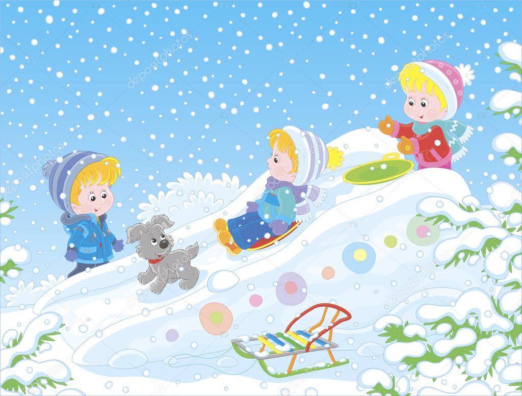 Children playing on an ice slide on a snow-covered playground in a winter park, vector illustration in a cartoon style