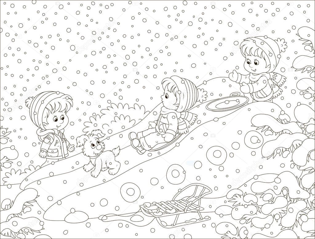 Children playing on an ice slide on a snow-covered playground in a winter park, black and white vector illustration in a cartoon style for a coloring book