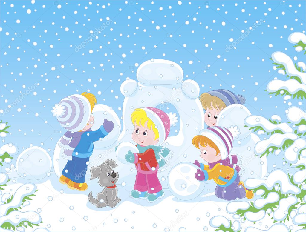 Small children building a snow fortress on a playground in a winter snow-covered park, vector illustration in a cartoon style