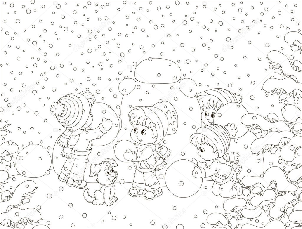 Small children building a snow fortress on a playground in a winter snow-covered park, black and white vector illustration in a cartoon style