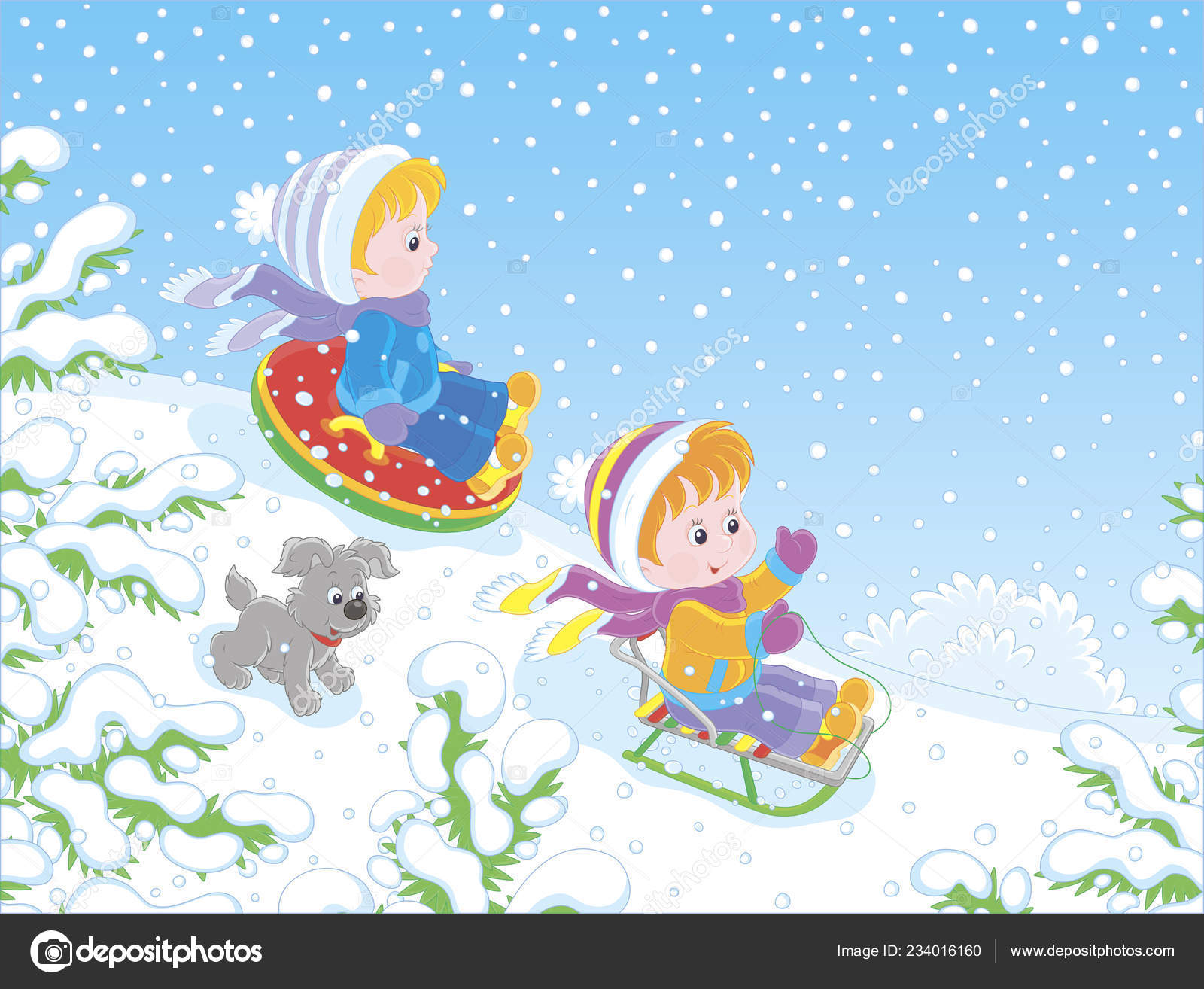 Small Children Sledding Snow Hill Snow Covered Winter Park Vector Stock  Vector Image by ©AlexBannykh #234016160