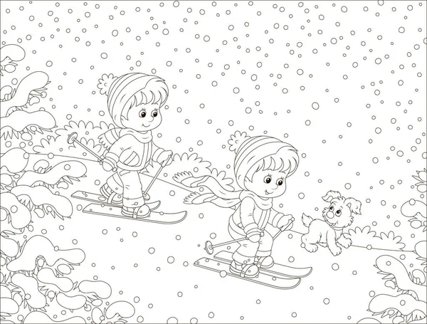 Niños Pequeños Esquiando Por Una Colina Nieve Parque Invierno Cubierto — Vector de stock