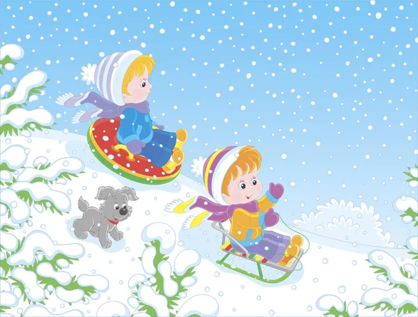 在被白雪覆盖的冬园里 小孩子在雪山上滑下 在卡通风格中提供矢量插图 — 图库矢量图片