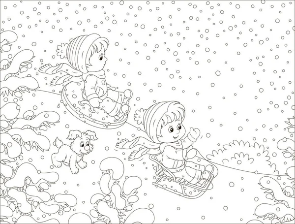 小さなお子様の雪に覆われた冬公園 塗り絵の漫画のスタイルの黒と白のベクトル図で雪の丘を下ってそり — ストックベクタ