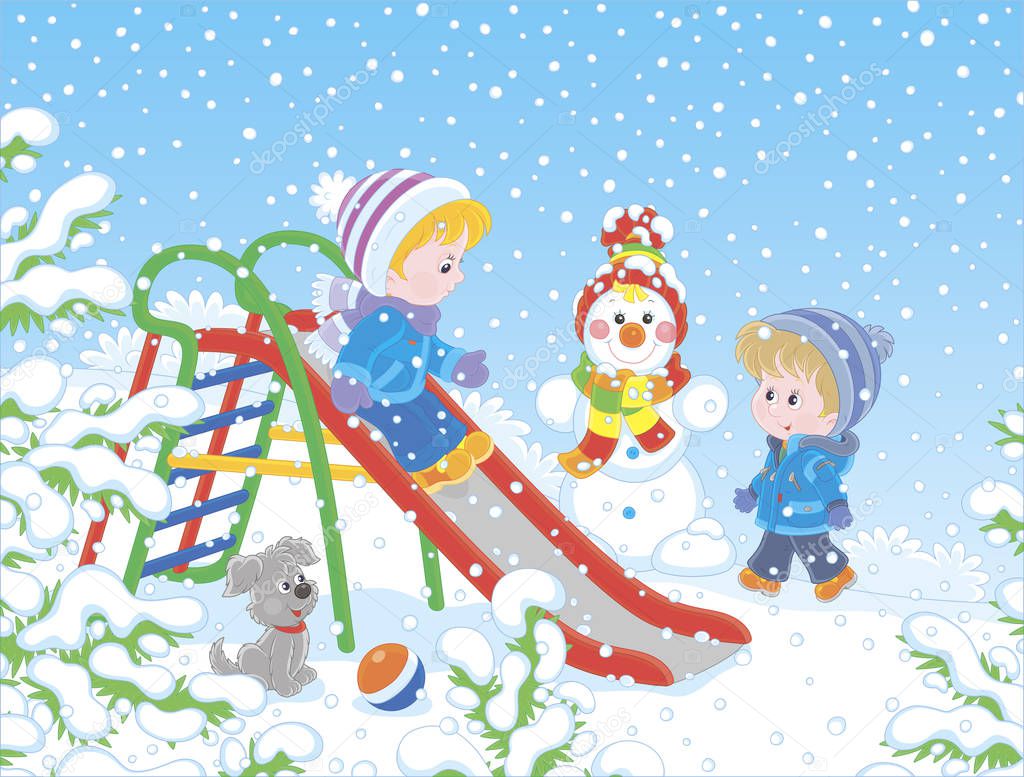 Kids playing on a toy slide on a snow-covered playground in a winter park, vector illustration in a cartoon style