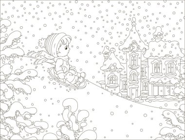 Küçük çocuk bir kasaba, siyah ve beyaz vektör çizim karikatür tarzı bir boyama kitabı için bir kış parkta oyun üzerinde bir kar tepeden aşağı kızakla