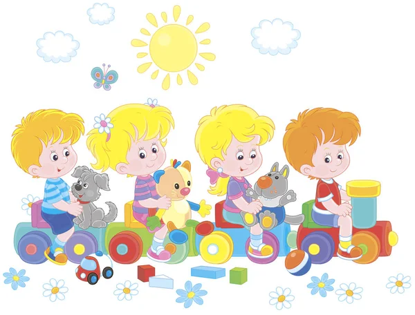 Маленькие Дети Играют Игрушечном Поезде Детской Площадке Парке Векторная Иллюстрация — стоковый вектор