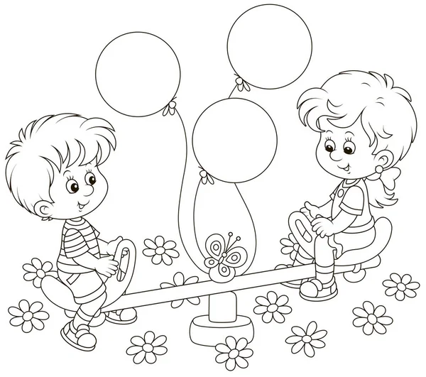 Niños Pequeños Jugando Balancín Juguete Parque Infantil Ilustración Vectorial Blanco — Vector de stock