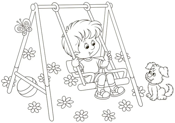 Mosolygó Fiú Játék Swing Parkban Játszótér Fekete Fehér Vektoros Illusztráció — Stock Vector