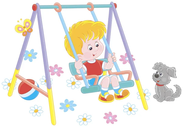 Smiling Boy Toy Swing Playground Park Vector Illustration Cartoon Style — Stock Vector