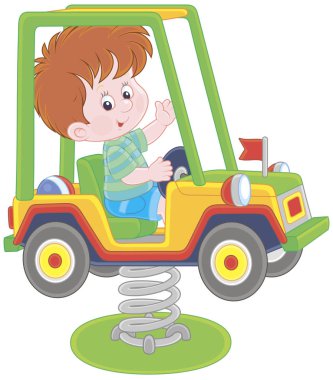 Çocuk oyun alanı oyuncak araba salıncakta üzerinde gülümseyen, karikatür tarzı resimde vektör