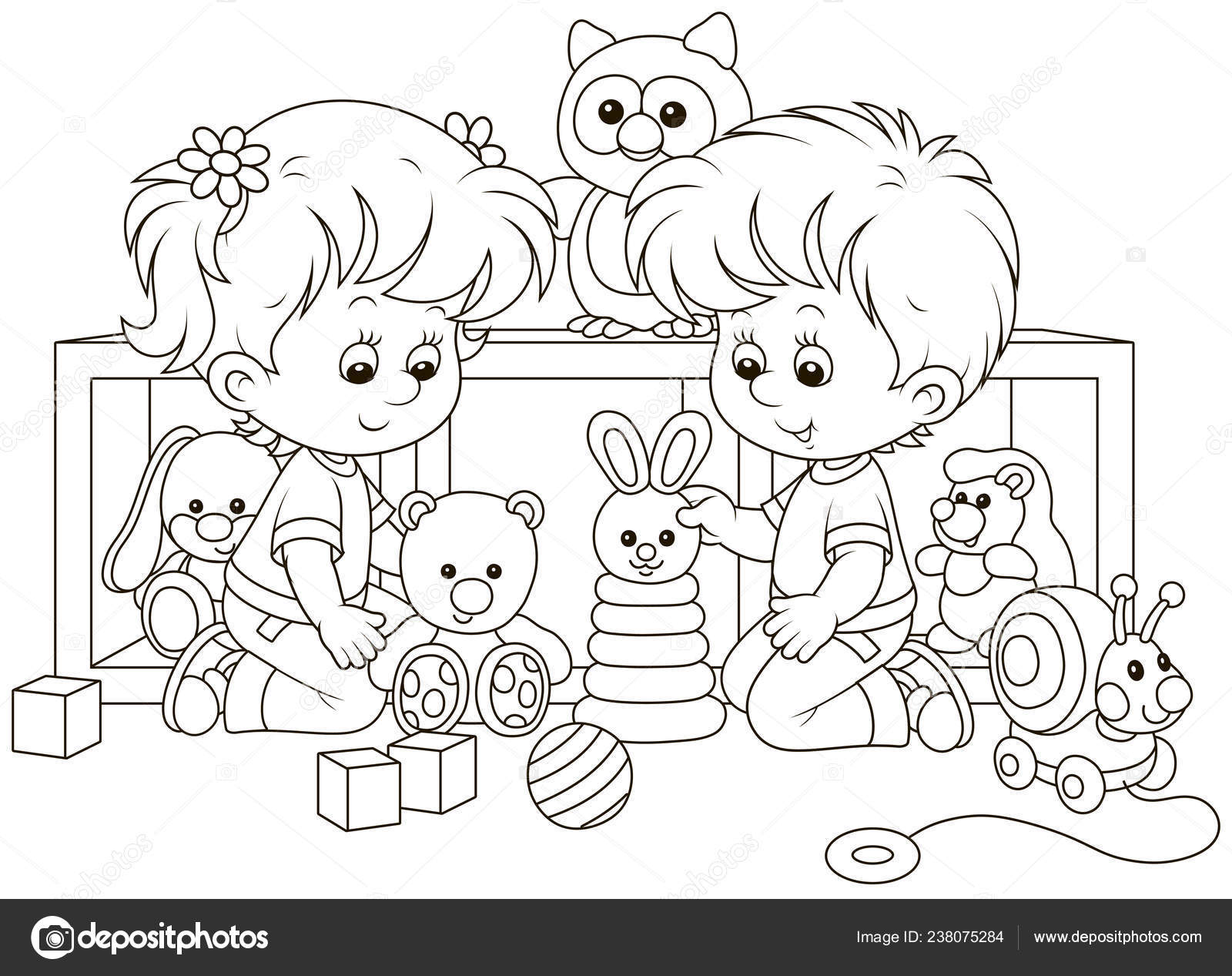 Crianças Pequenas Brincando Com Brinquedos Berçário Ilustração Vetorial Preto  Branco imagem vetorial de AlexBannykh© 238075284