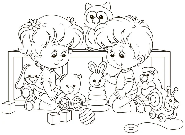 Small Children Playing Toys Nursery Black White Vector Illustration Cartoon — Stock Vector