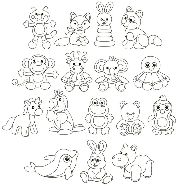 收集有趣的玩具动物 黑色和白色矢量插图在卡通风格的着色书 — 图库矢量图片
