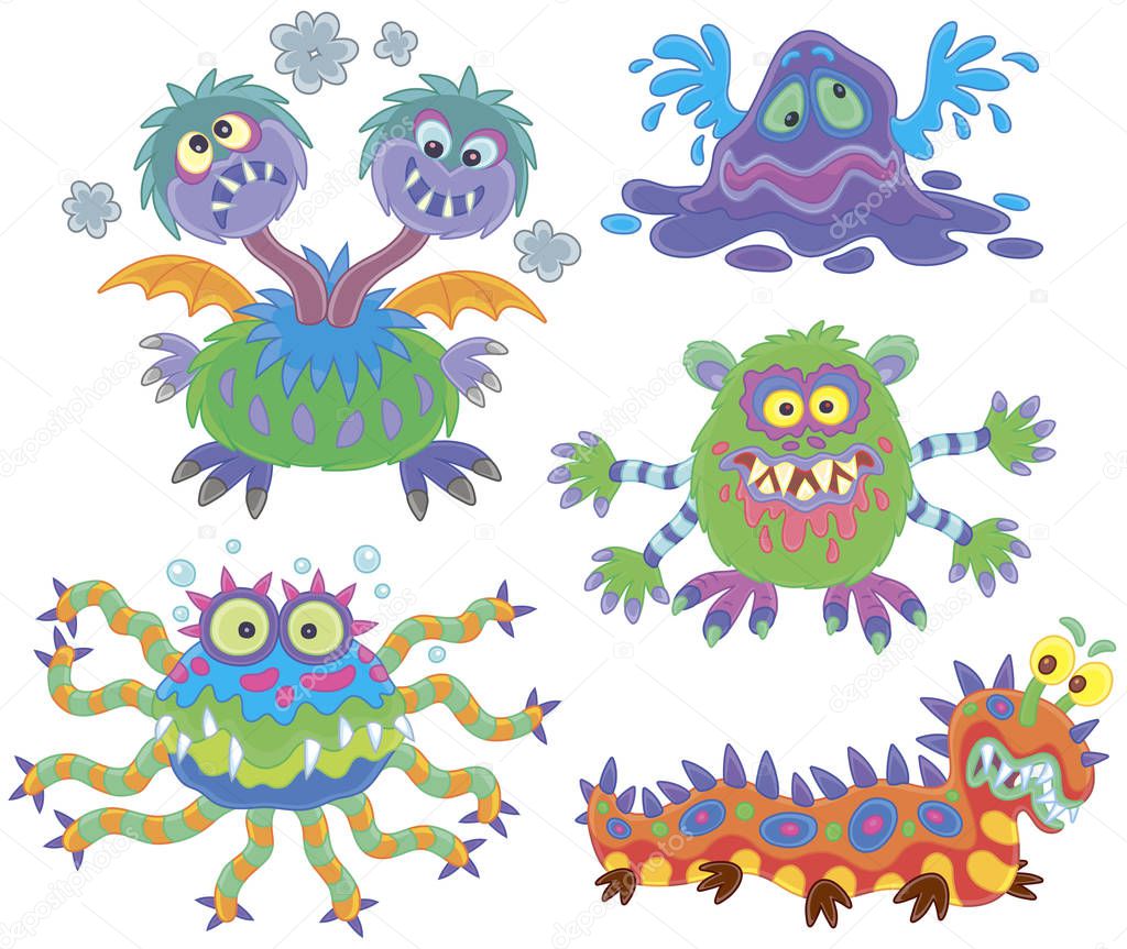 Collection of funny and terrible toy monsters, vector illustrations in a cartoon style