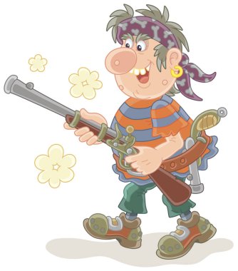Sea pirate attacking and shooting with an old musket and a pistol, vector illustration in a cartoon style clipart
