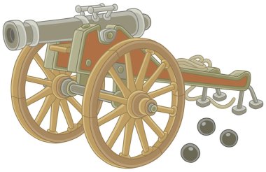 Eski korsan silahla dökme demir bombardıman topu ve büyük ahşap tekerlekleri, vektör çizim karikatür tarzı