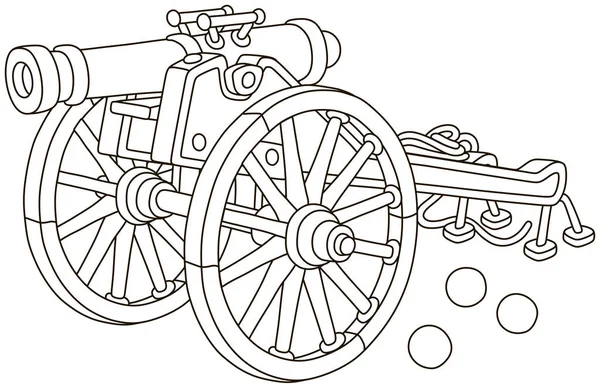 Старая Пиратская Пушка Чугунными Ядрами Большими Деревянными Колесами Черно Белая — стоковый вектор