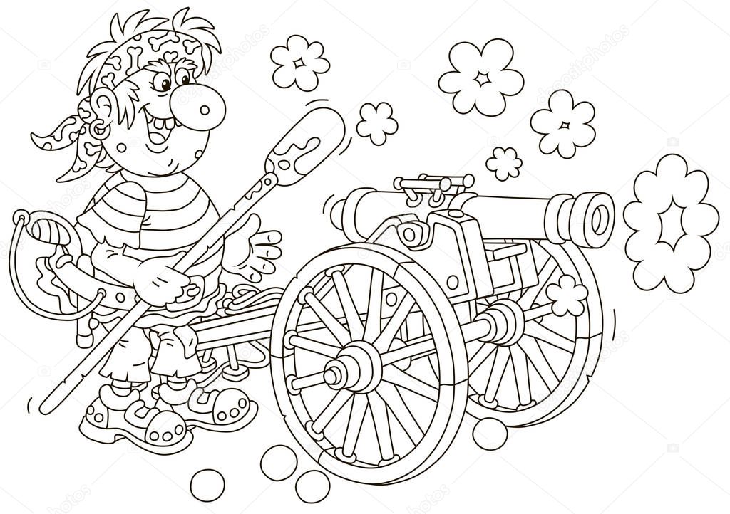 Sea pirate gunner shooting from an old ship cannon, black and white vector illustration in a cartoon style for a coloring book