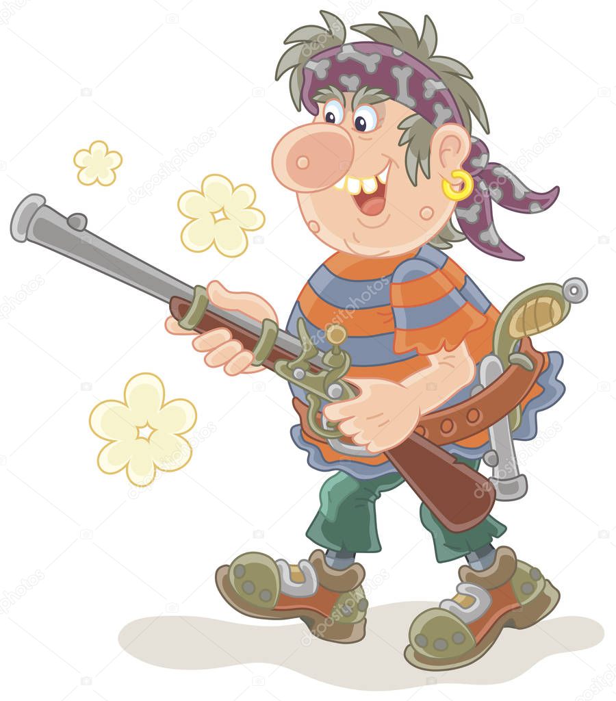 Sea pirate attacking and shooting with an old musket and a pistol, vector illustration in a cartoon style