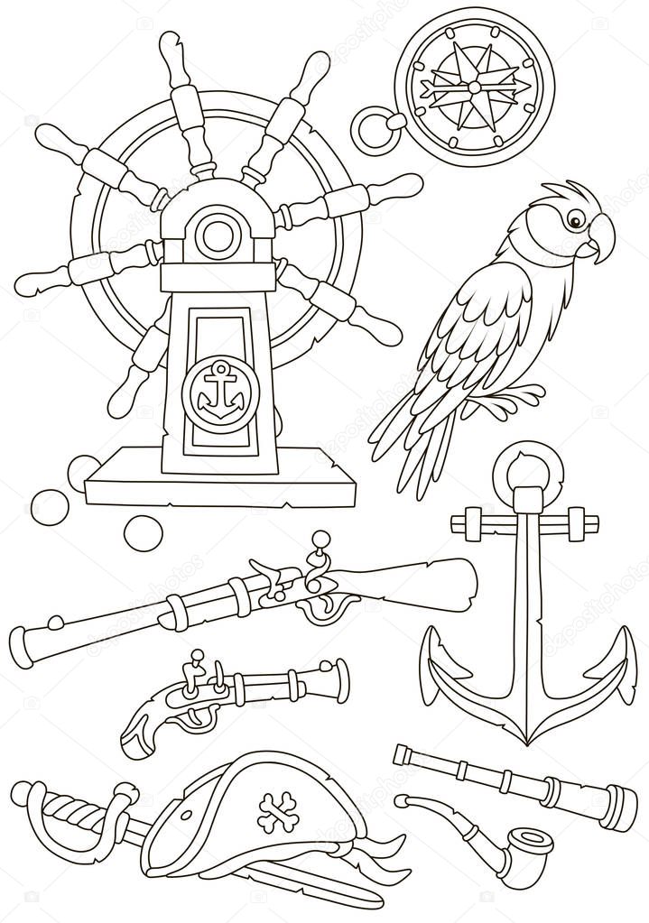 Pirate wooden steering-wheel, a funny parrot, guns, a compass and other old weapons and sea things, black and white vector illustrations in a cartoon style for a coloring book