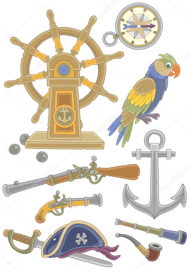 Pirate wooden steering-wheel, a funny parrot, guns, a compass and other old weapons and sea things, vector illustrations in a cartoon style