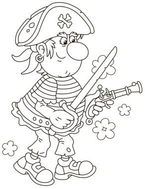 Eski tabanca çekim ve brandishing saber, siyah ve beyaz vektör çizim karikatür tarzı bir boyama kitabı için deniz korsan