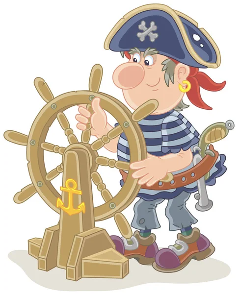 コックド ハット木製舵を保持していると彼の昔のステアリングで面白い海海賊船 ベクトル イラスト漫画のスタイルで — ストックベクタ