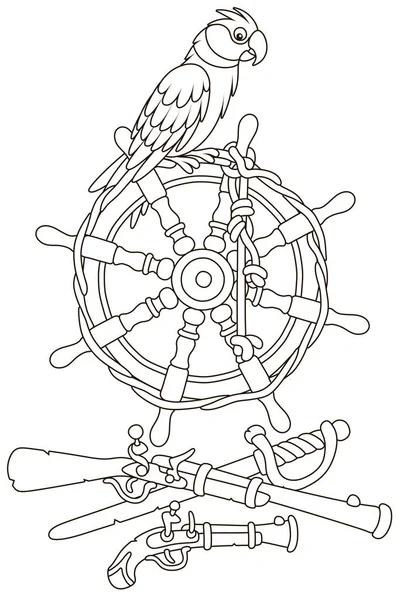 Пиратский Попугай Старом Корабельном Руле Пистолет Пистолет Сабля Обструкций Черно — стоковый вектор