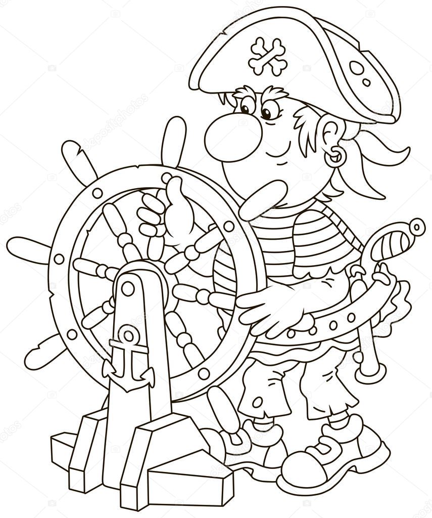 Funny sea pirate in a cocked hat holding a wooden helm and steering his old ship, black and white vector illustration in a cartoon style for a coloring book