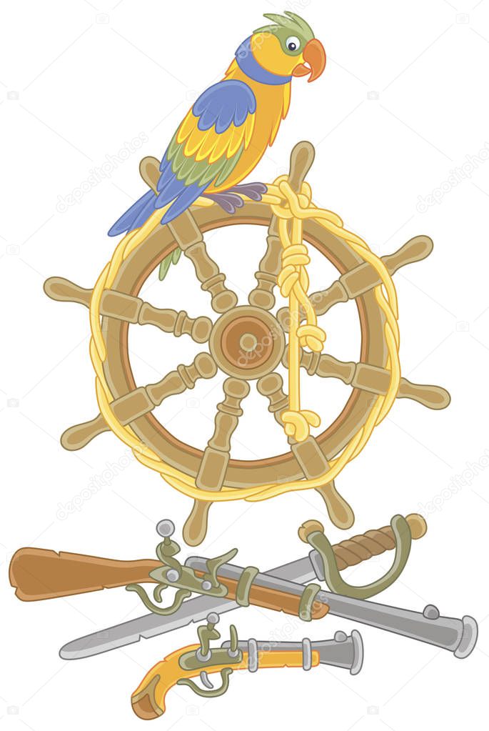 Colorful pirate parrot on an old ship steering-wheel, a gun, a pistol and a saber of filibusters, vector illustration in a cartoon style