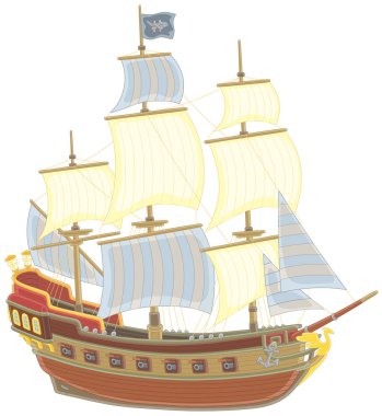 Eski deniz korsan gemi silah ve Jolly Roger siyah bayrağı kemikleri ile bir ana direk, vektör çizim karikatür tarzı üzerinde yelken