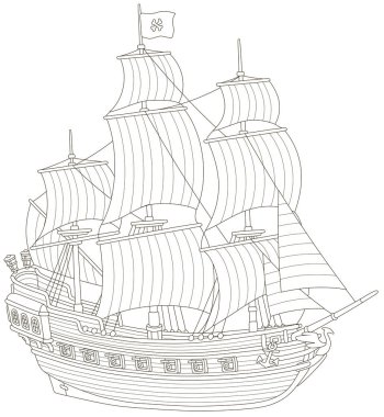 Eski deniz korsan gemi silah ve Jolly Roger bir bayrak kemikleri ile bir ana gemi direği, siyah ve beyaz vektör çizim karikatür tarzı bir boyama kitabı için yelken