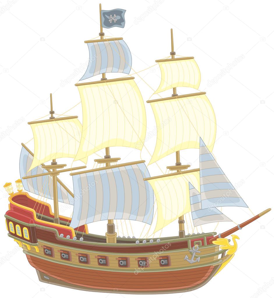 Old sea pirate sailing ship with guns and a black flag of Jolly Roger with bones on a main mast, vector illustration in a cartoon style