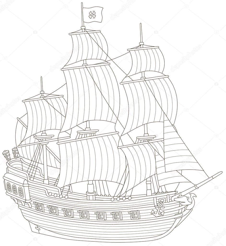 Old sea pirate sailing ship with guns and a flag of Jolly Roger with bones on a main mast, black and white vector illustration in a cartoon style for a coloring book