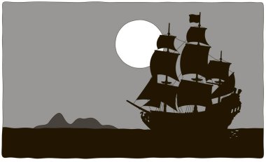 Eski deniz korsan yelkenli gemi sürüklenen bir tropikal deniz treasure Island, siyah ve gri kontur vektör çizim