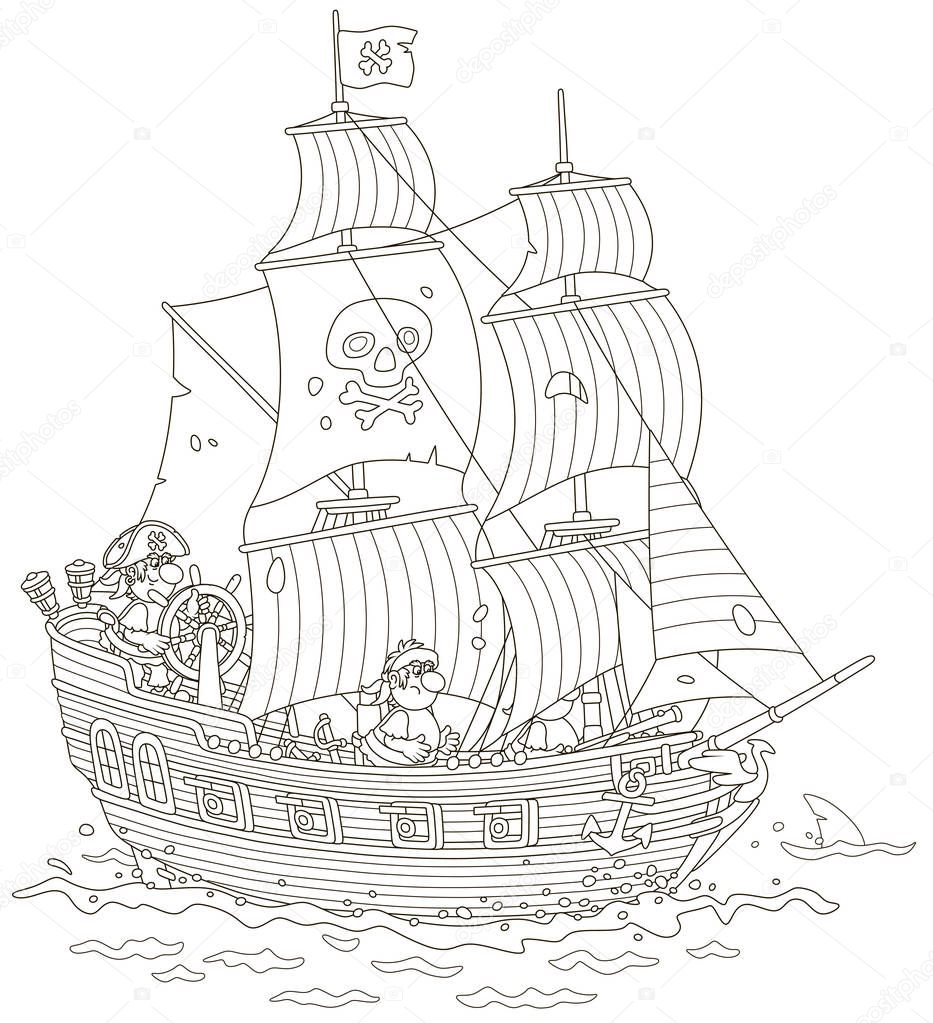 Old sea pirate sailing ship with guns and a flag of Jolly Roger with bones on a main mast in chase, black and white vector illustration in a cartoon style for a coloring book