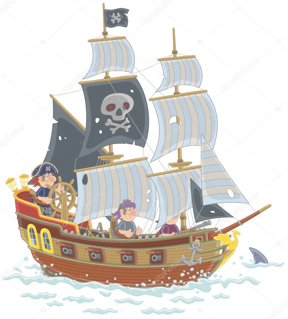 Old sea pirate sailing ship with guns and a black flag of Jolly Roger with bones on a main mast in chase, vector illustration in a cartoon style