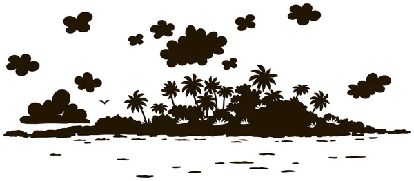 小荒岛与岩石和棕榈在热带海 黑白剪影向量例证在动画片样式 — 图库矢量图片