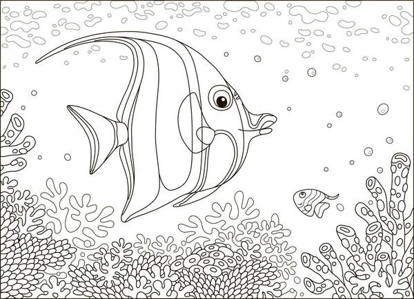 Komik kelebek üzerinde şaşırtıcı mercan resif siyah ve beyaz bir tropikal denizde yüzme balık karikatür tarzı resimde vektör