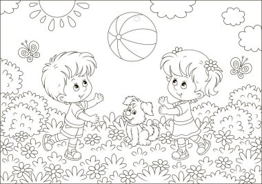 Küçük çocuk bahçesi yaz Park, siyah ve beyaz çizgili topu oynamak boyama kitabı için bir karikatür tarzı resimde vektör